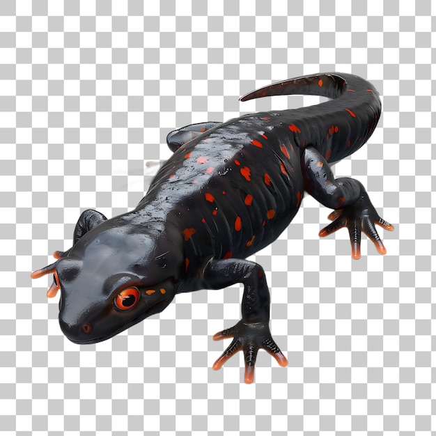 Lagarto preto e vermelho com manchas laranjas