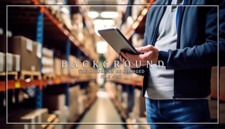 PSD lagerarbeiter, der ein digitales tablet für die lagerhaltung verwendet