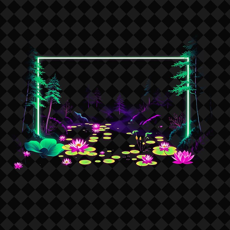 PSD un lago de bosque de neón brillante dentro de un rectángulo de silueta con lirios de agua brillantes y animales pequeños se reúnen