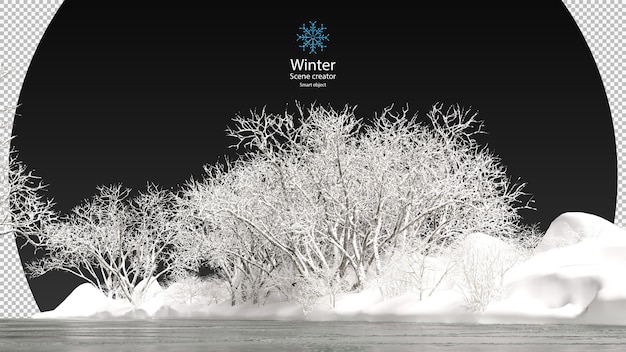 Lago congelado rodeado de árboles cubiertos de nieve en un brillante invierno varios árboles de invierno diseño trazado de recorte aislado