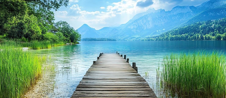 PSD lago di montagna tranquillo con molo di legno