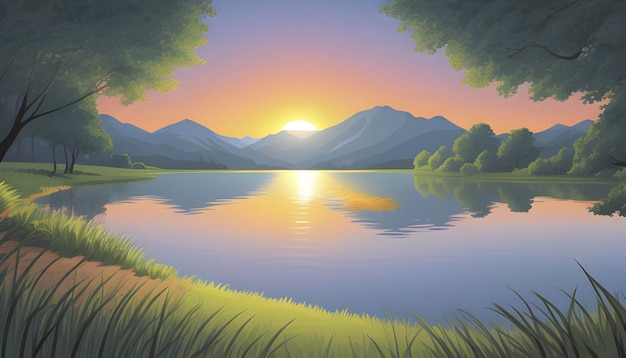 PSD lake and mountain landscape illustration