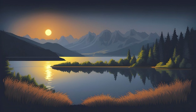 PSD lake and mountain landscape illustration