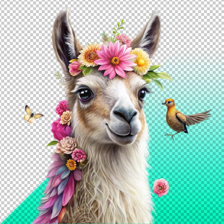 PSD lama colorida com natureza com flor rosa e pássaros em fundo transparente