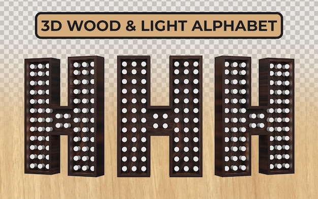 PSD lâmpada branca em letras do alfabeto 3d realistas de madeira