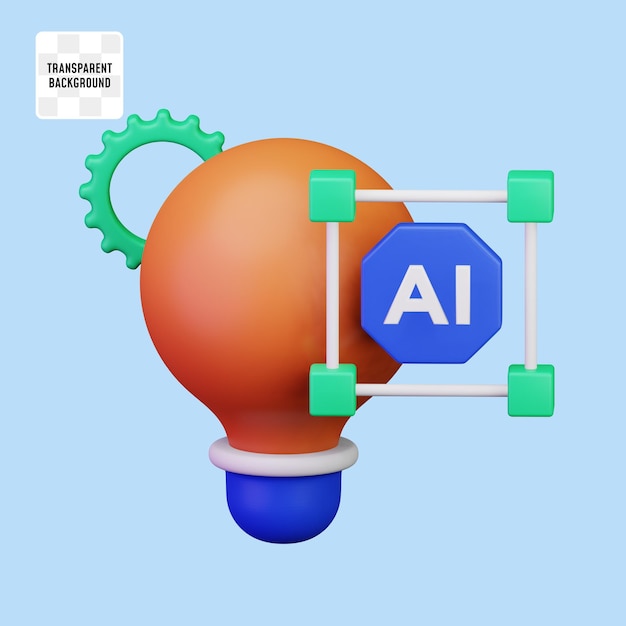 PSD lâmpada com engrenagem e símbolo de cadeia de bloco ai para inteligente utilizar inteligência artificial para benefício conceito 3d render ícone ilustração design
