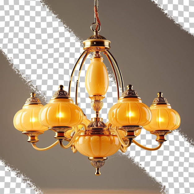 PSD lâmpadas de economia de energia penduradas em um candelabro de vidro amarelo com fundo transparente