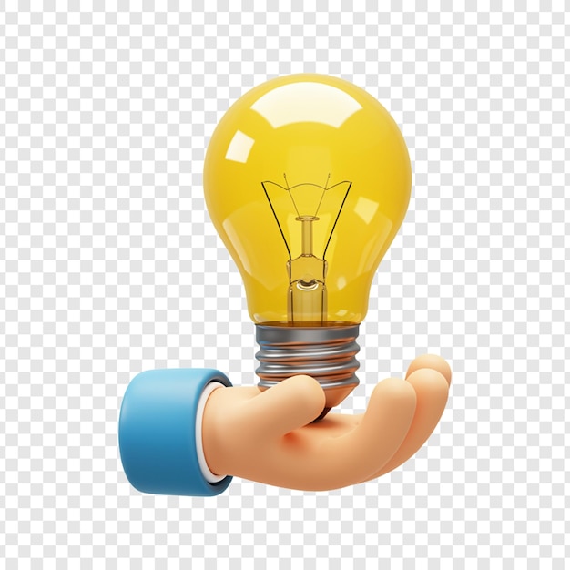 Lampadina a cartone animato 3D tenuta in mano che rappresenta un'idea su uno sfondo trasparente