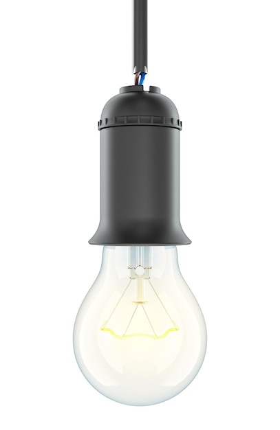 Lampadina appesa a un supporto per lampada con rendering 3D del cavo isolato su uno sfondo trasparente