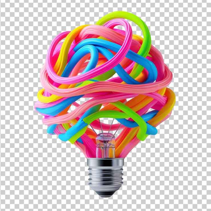 PSD lampadina colorata con fili creativi intrecciati per l'idea e l'innovazione