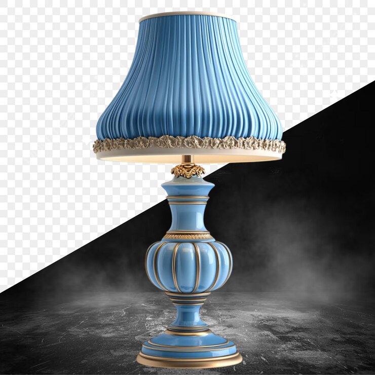 PSD una lámpara azul con una base de oro y una sombra azul