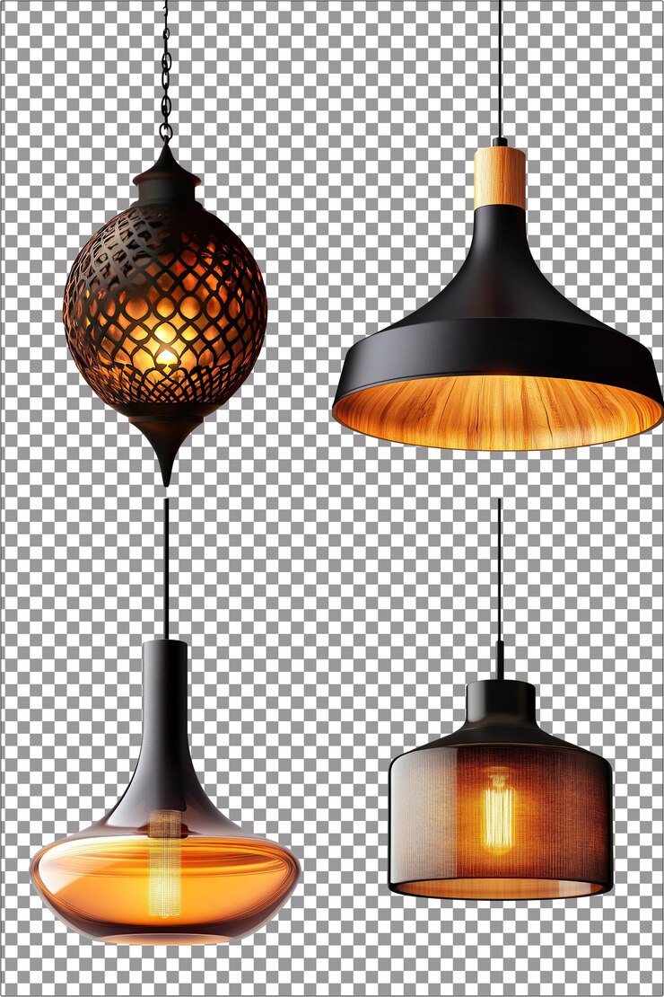 Lámpara colgante de techo moderna e iluminante hiperrealista aislada PNG con espalda transparente clara