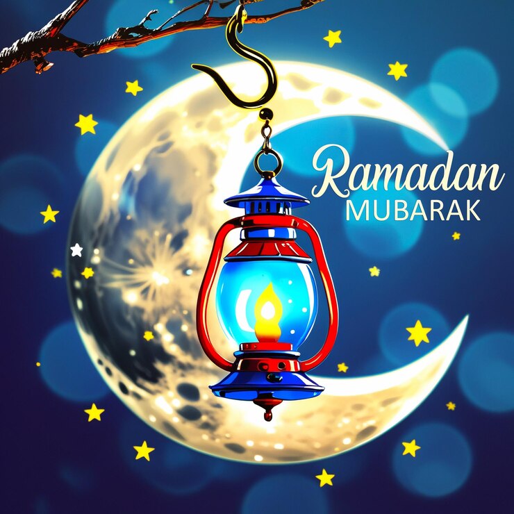PSD lámpara de linterna tradicional con luna creciente ramadán kareem y eid mubarak imagen de la pancarta de saludo