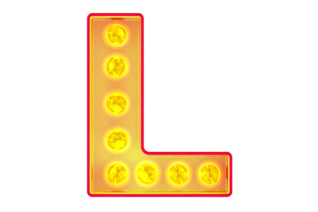 Lámpara de luz letra L brillante fuente retro representación 3D aislada en fondo transparente