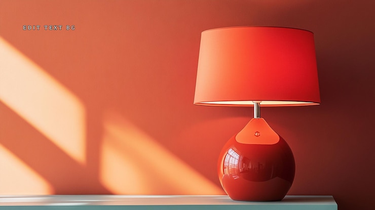PSD lámpara de mesa roja en la pared naranja con luz solar