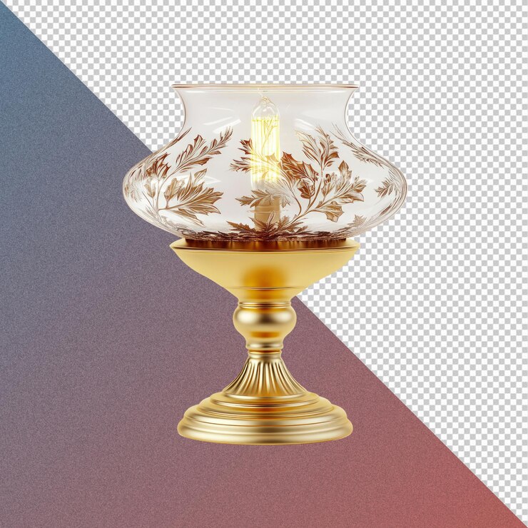 PSD lámpara de mesa de vidrio elegante con base de oro y diseño de hoja