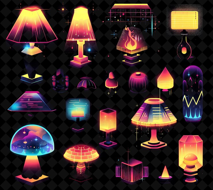PSD lámparas retro 8 bit pixel con patrones de lava y luces de neón w png colección de diseño único y2k