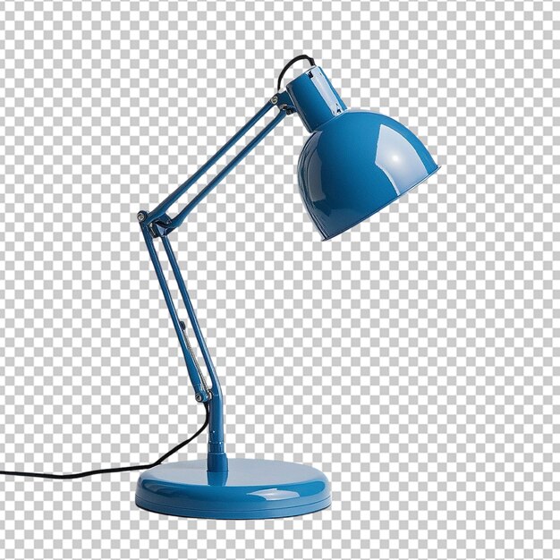 Une lampe d'étude bleue élégante avec un bras réglable sur un fond blanc propre