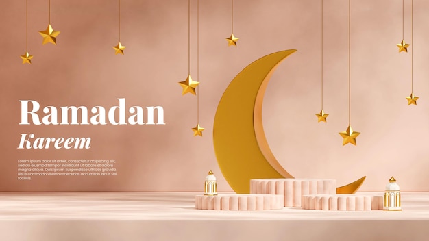 Lampe, Lune Et étoiles Ramadan Kareem, Image De Rendu 3d Maquette Vide Podium Rose Clair En Paysage