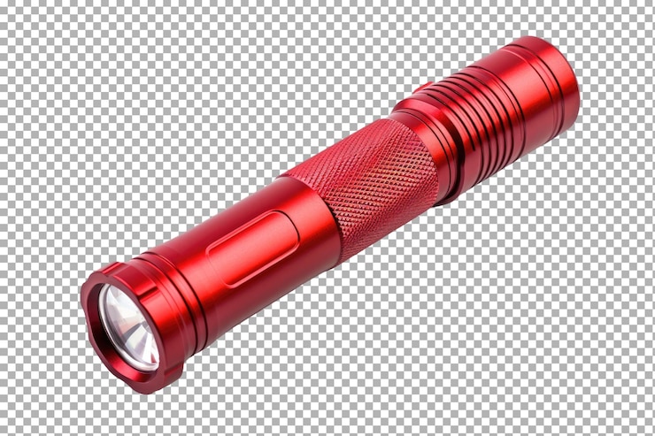 PSD une lampe de poche led en plastique rouge isolée sur un fond transparent