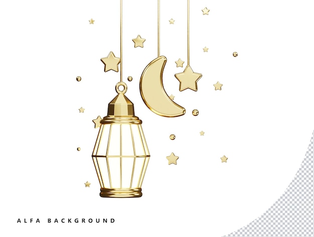 PSD lampes dorées du festival eid, lune et étoiles avec illustration de style minimal de dessin animé icône vectorielle 3d