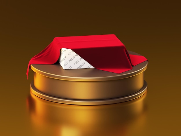Lançamento de produto novinho em folha caixa retangular sob a cortina em uma maquete de design de pódio de ouro
