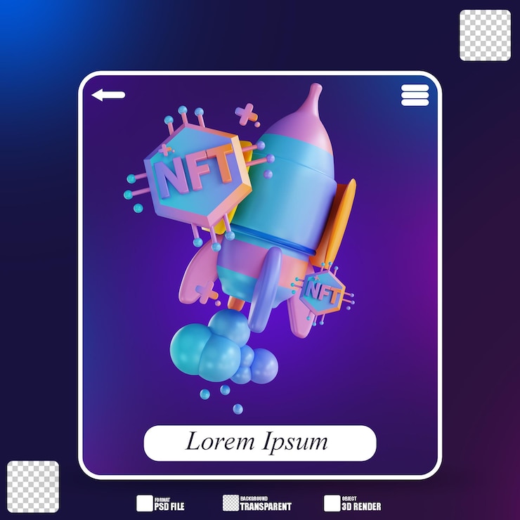 PSD lançamento do foguete nft da ilustração 3d