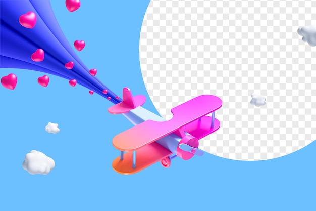 PSD lancement d'un jouet d'avion avec coeur sur fond bleu illustration de rendu 3d