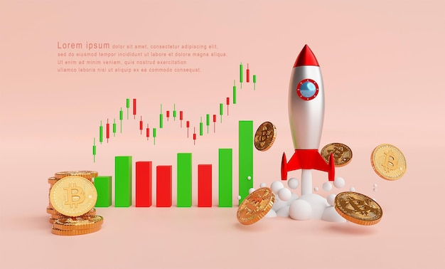 Lancio di razzi e bitcoin BTC con modello di grafico a grafico a candela