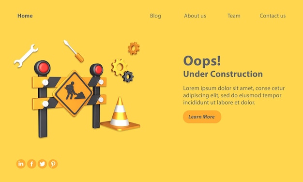 Landing page em construção com ilustração 3d