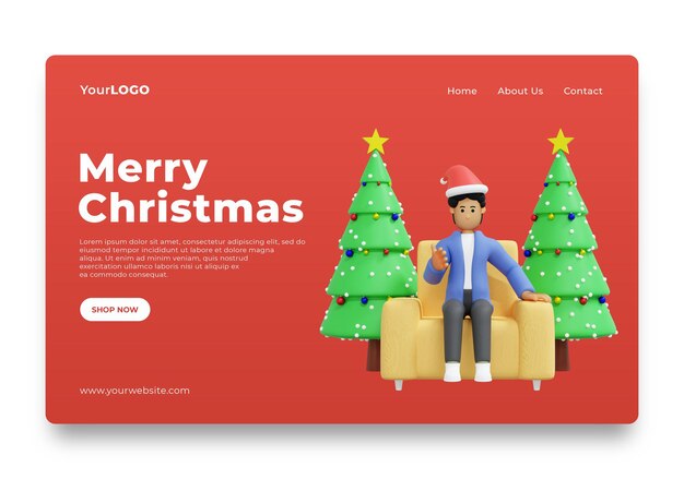 Landing page mann feiert weihnachten zu hause 3d-rendering 3d-illustration premium psd