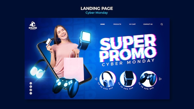 PSD landing page para cyber segunda-feira com mulher e itens