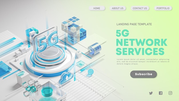 Landing Page Template Design Sito Web 5G Network Services Icon 3D Render