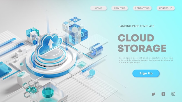 Landing Page Template Design Website Cloud Storage Services Symbol 3D Render