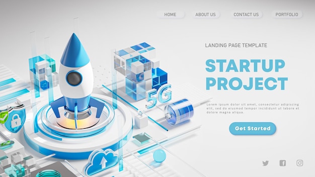 Landing Page Template Design Website Rocket Ship Startup Launch Project Icon 3d Render