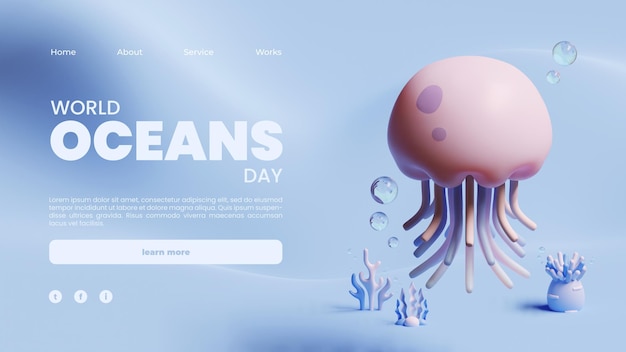 Landing page template zum weltmeertag mit 3d-rendering von jellyfish