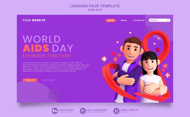 Landing-page-vorlage in 3d-rendering für den welt-aids-tag