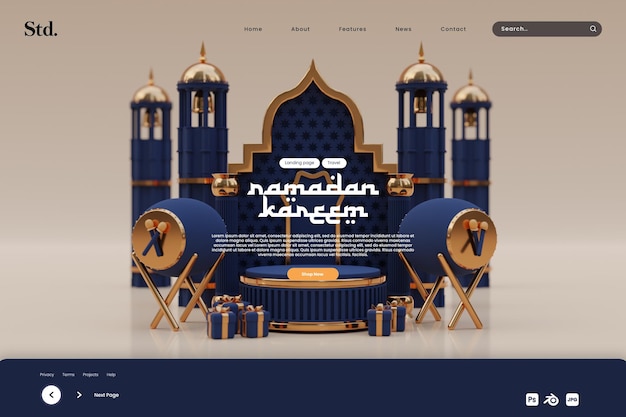 Landingpage für goldenes und blaues ramadan kareem