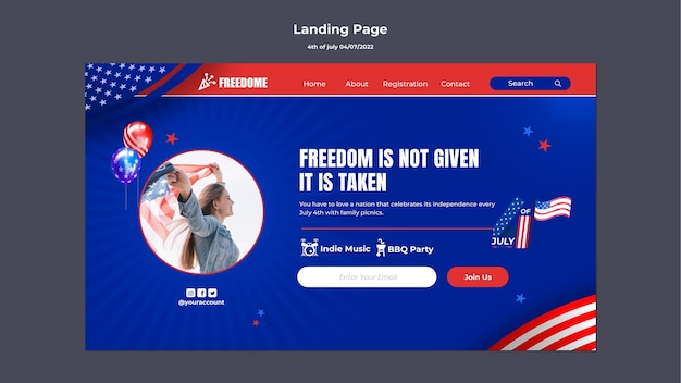 PSD landingpage-vorlage für den 4. juli mit amerikanischer flagge