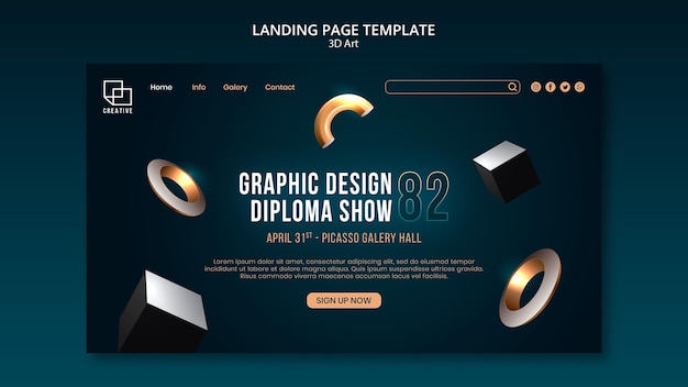 PSD landingpage-vorlage für kunstausstellung mit kreativen dreidimensionalen formen