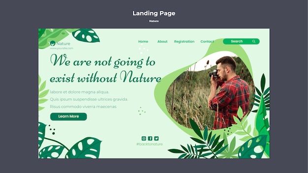 PSD landingpage-vorlage für naturabenteuer mit vegetation und blättern