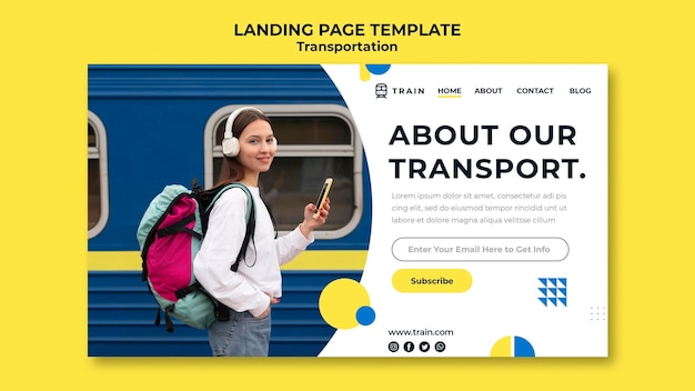 PSD landingpage-vorlage für öffentliche verkehrsmittel mit dem zug mit frau