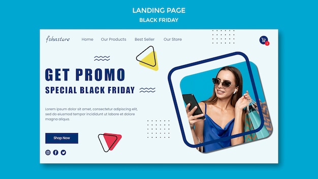 Landingpage-Vorlage für schwarzen Freitag mit Frau und Dreiecken