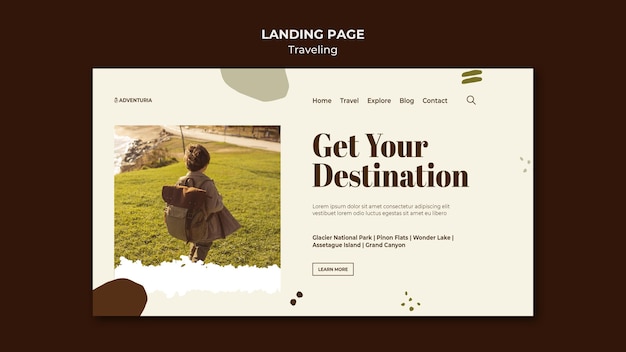 PSD landingpage-vorlage mit reisendem reisenden kind des rucksacks