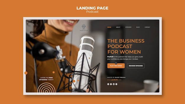 Landingpage-vorlage mit weiblichem podcaster und mikrofon