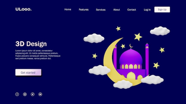Landingpage-vorlagenkonzept mit moschee im 3d-design