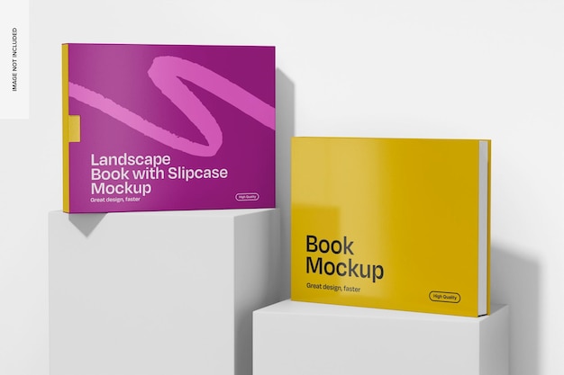 Landscape Books con Slipcase sul Podium Mockup 02