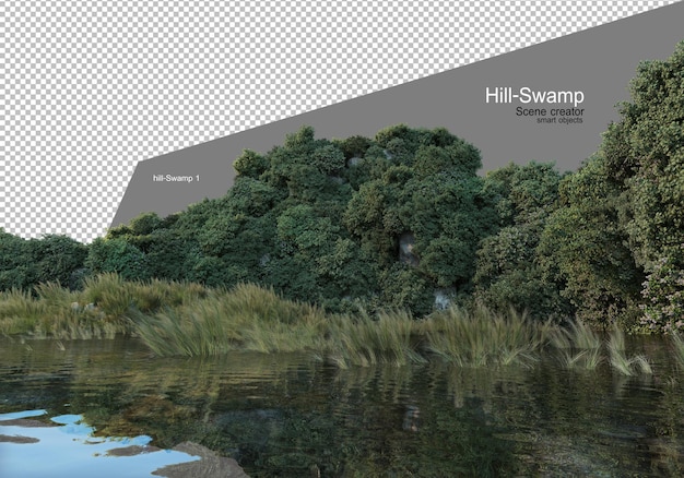 PSD landschaft des hügels nahe einem sumpf