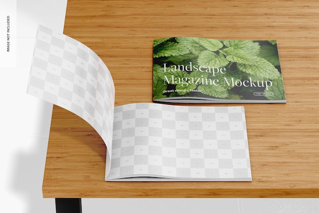 Landschaftszeitschriften auf dem tisch mockup geöffnet und geschlossen