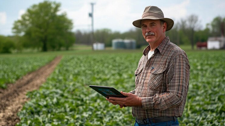 PSD landwirt benutzt tablette auf dem feld